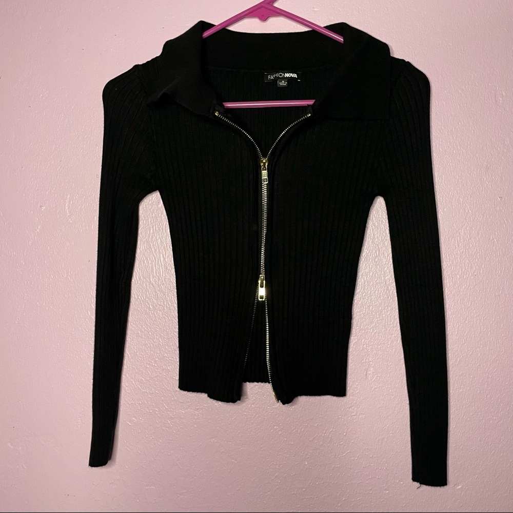 Fashion Nova 2 way zip black ribbed sweater